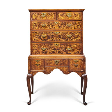 View full screen - View 1 of Lot 833. Queen Anne Figured Walnut and Maple Flat-Top High Chest of Drawers, Boston, Massachusetts, Circa 1745.
