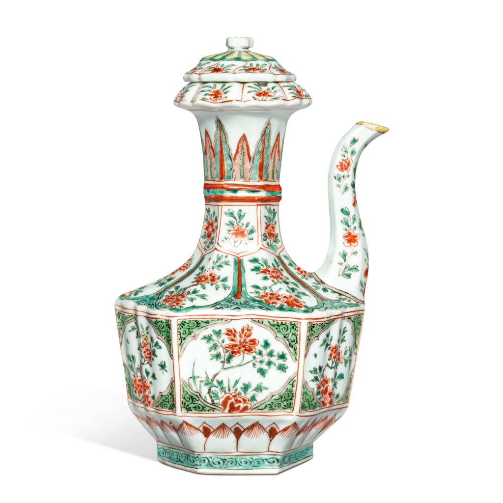 View full screen - View 1 of Lot 597. A famille-verte ewer and cover, Qing dynasty, Kangxi period | 清康熙 五彩開光花卉圖執壺.