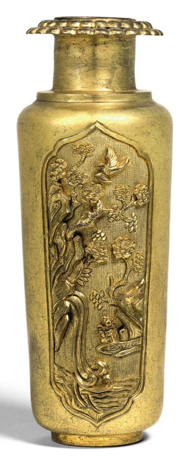 View full screen - View 1 of Lot 287. A SMALL GILT-BRONZE VASE QING DYNASTY, 18TH CENTURY | 清十八世紀 鎏金銅開光山水花鳥紋瓶.