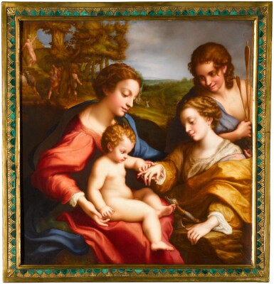 View full screen - View 1 of Lot 44. A Sèvres porcelain plaque: The Mystic Marriage of St. Catherine, painted by Abraham Constantin (Swiss, 1785-1851), after the painting by Correggio (Italian, 1489-1540), dated 1819.