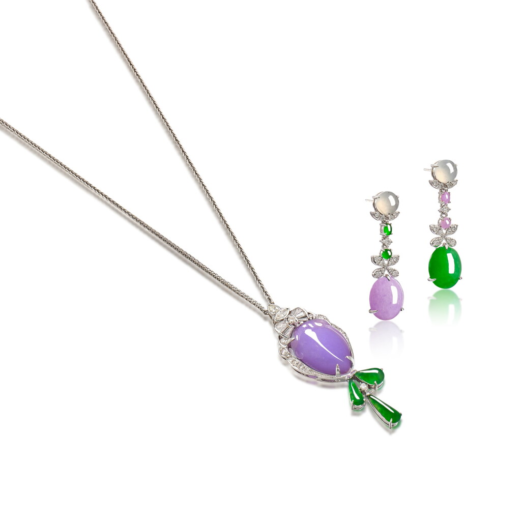 View full screen - View 1 of Lot 1988. Jadeite and Diamond Demi-Parure | 天然翡翠 配 鑽石 項鍊 配 耳環一對.