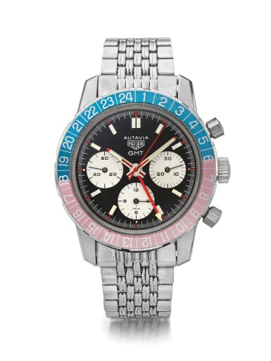 View full screen - View 1 of Lot 45. HEUER | REF 2446C AUTAVIA GMT, A STAINLESS STEEL DUAL TIME ZONE CHRONOGRAPH WRISTWATCH WITH BRACELET CIRCA 1970.