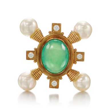 View full screen - View 1 of Lot 9148. JADEITE, CULTURED PEARL AND DIAMOND BROOCH, ELIZABETH GAGE | 天然翡翠 配 養殖珍珠 及 鑽石 別針, Elizabeth Gage.