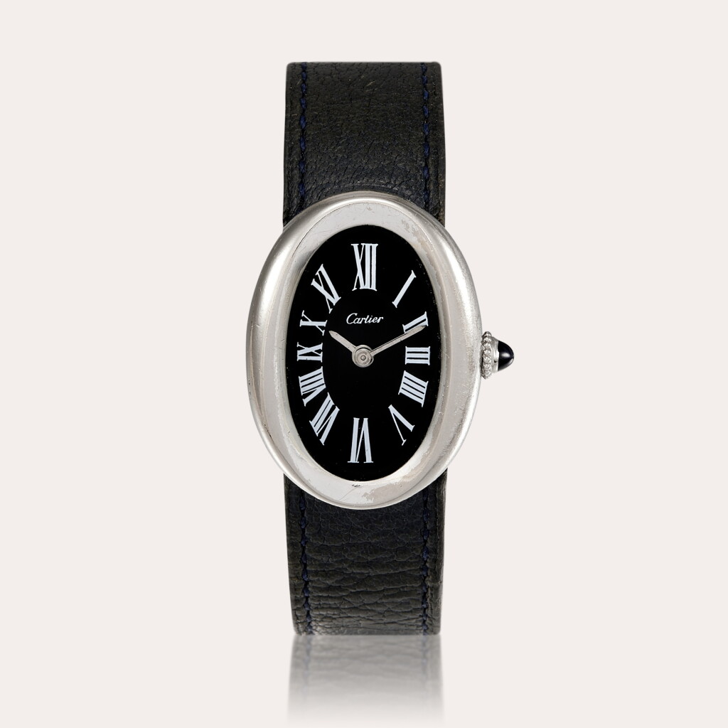 View full screen - View 1 of Lot 133. Black Baignoire | A white gold wristwatch with black dial | Hallmarked for London, 1967.