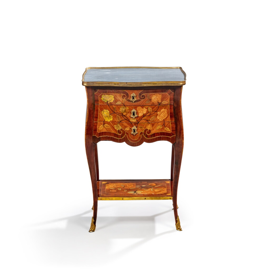 View full screen - View 1 of Lot 626. A Louis XV gilt-bronze-mounted bois satiné and amaranth occasional table, circa 1750, stamped by Jacques Dubois.