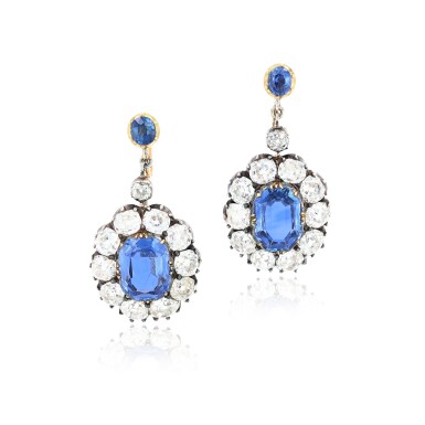 View full screen - View 1 of Lot 338. Pair of sapphire and diamond earrings, early 19th century and later, and a gold wedding band | 藍寶石及鑽石耳環一對,19世紀及之後;黃金結婚戒指一枚.