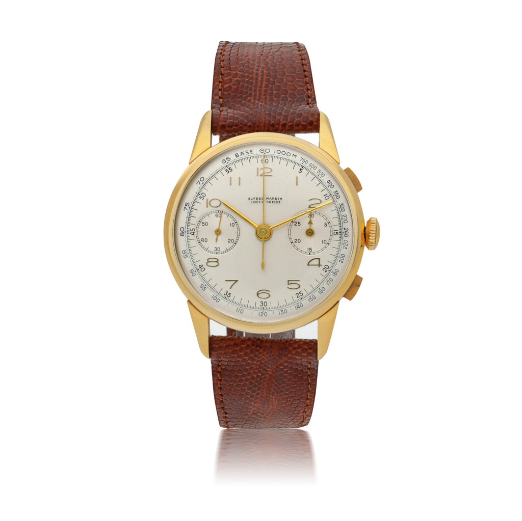 View full screen - View 1 of Lot 158. ULYSSE NARDIN | YELLOW GOLD CHRONOGRAPH WRISTWATCH CIRCA 1945.