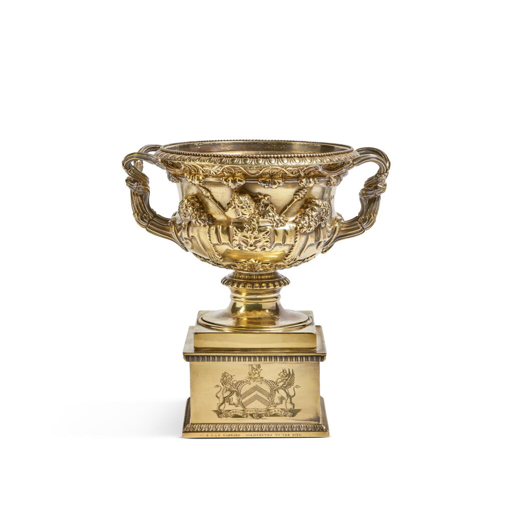 View full screen - View 1 of Lot 492. A George IV Silver-Gilt Warwick Vase on Stand, Paul Storr, London, 1820-21.