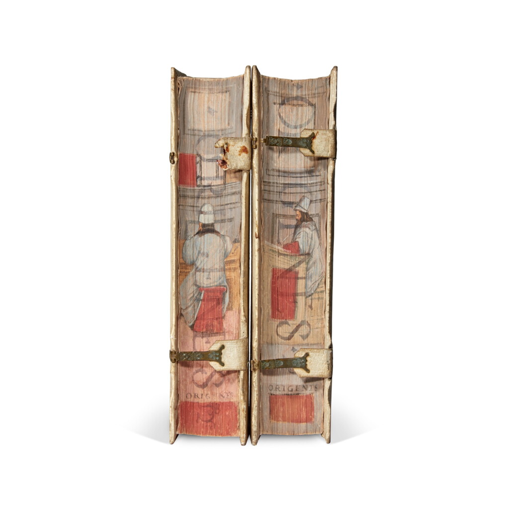 View full screen - View 1 of Lot 1168. Origenes, Opera, Basel, 1545, 2 volumes, contemporary Munich binding with fore-edge painting, Pillone library.