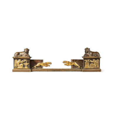View full screen - View 1 of Lot 194. An Empire gilt and patinated bronze chimney garniture, circa 1810 | Garde-cendres en bronze patiné et doré d’époque Empire, vers 1810.