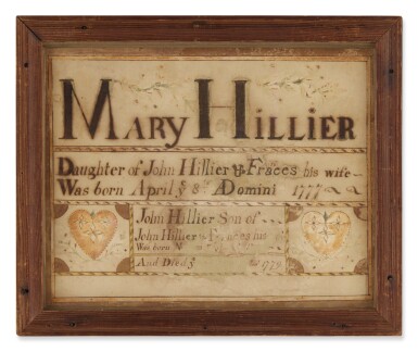View full screen - View 1 of Lot 55. A Fraktur Birth Record for Mary Hillier, attributed to the 'New Jersey Artist', Northampton Township, Burlington County, New Jersey, Dated 1788.
