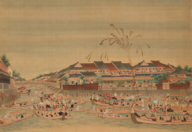 View full screen - View 1 of Lot 2093. Attributed to Utagawa Toyoharu (1735-1814), Evening Cool on the Sumida River (Sumidagawa noryo zu), Edo period, late 18th century | 歌川豊春「隅田川納涼祭図」 江戸時代中期 18世紀後半.