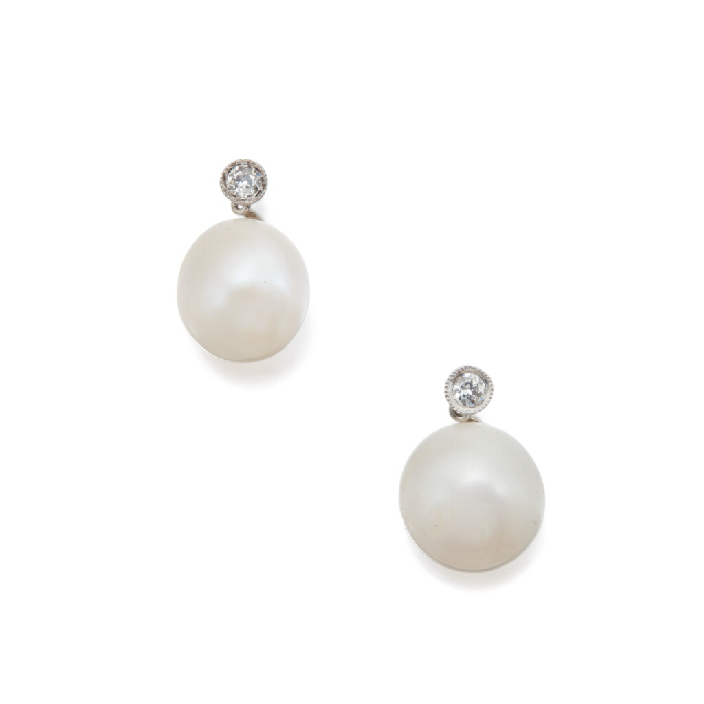 View full screen - View 1 of Lot 238. Pair of Natural Pearl and Diamond Earrings.