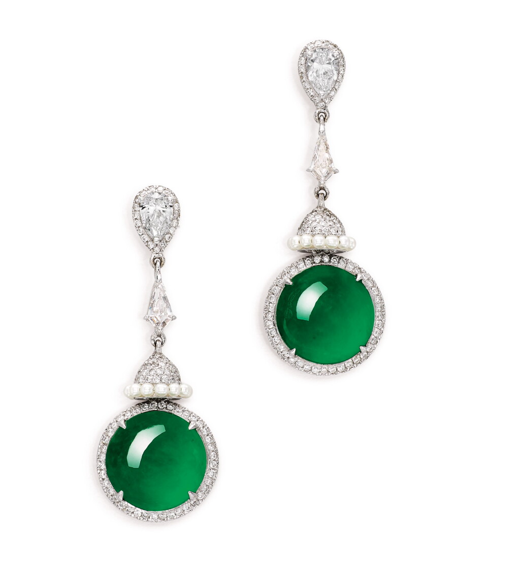 View full screen - View 1 of Lot 1634. Pair of Jadeite, Diamond and Seed Pearl Pendent Earrings | 天然翡翠 配 鑽石 及 珍珠 耳墜一對.