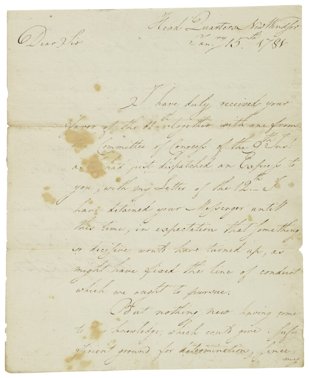 View full screen - View 1 of Lot 2158. Washington, George. Manuscript letter signed, to General Arthur St. Clair, 15 January 1781.