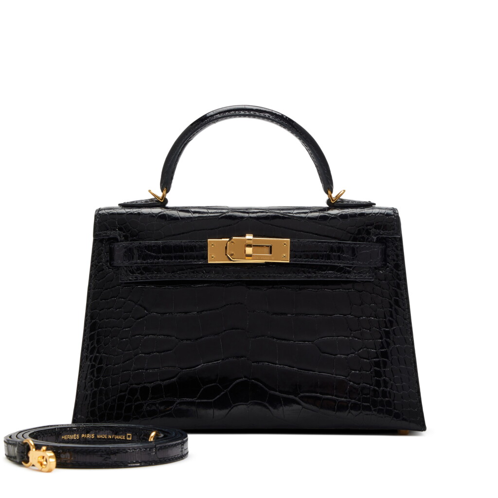 View full screen - View 1 of Lot 36. Black Shiny Alligator Mini Kelly II 20 Gold Hardware, 2019.