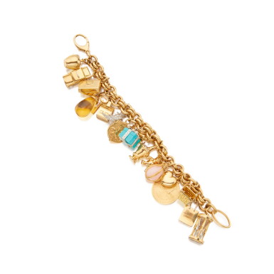 View full screen - View 1 of Lot 15. Tiffany & Co. | Gold, Gem-Set and Diamond Charm Bracelet.