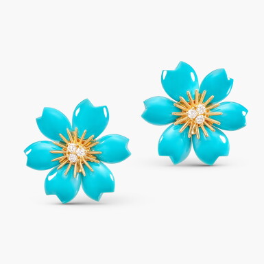 View full screen - View 1 of Lot 1215. Pair of 'Rose de Noël' Turquoise and Diamond Earrings | 梵克雅寶 | 綠松石 配 鑽石 'Rose de Nöel' 耳夾一對.