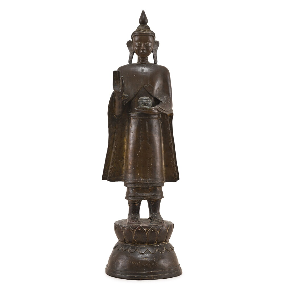 View full screen - View 1 of Lot 3079. An inscribed large copper-alloy standing figure of Maitreya, Burma, 17th - 19th century 十七至十九世紀 緬甸 銅刻銘文彌勒佛立像.