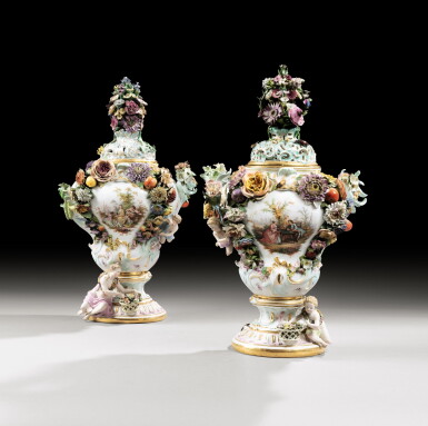 View full screen - View 1 of Lot 174. A pair of massive Meissen porcelain flower-encrusted pot-pourri vases and covers,.