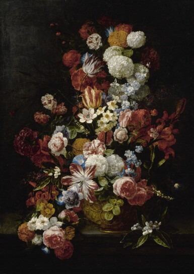 View full screen - View 1 of Lot 248. HIERONYMUS GALLE THE ELDER | TULIPS, ROSES, NARCISSI, CHRYSANTHEMUMS, CARNATIONS, ORANGE BLOSSOM, AND IRISES IN A GILT URN UPON A TABLE-TOP.