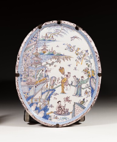 View full screen - View 1 of Lot 375. A large Dutch Delft polychrome oval wall plaque, first half 18th century.
