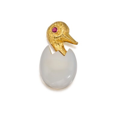 View full screen - View 1 of Lot 214. Gold, Chalcedony and Ruby Brooch, France.