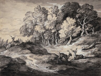 View full screen - View 1 of Lot 84. Wooded Landscape with Deer.