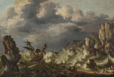 View full screen - View 1 of Lot 65. A shipwreck near a rocky coast in rough seas.