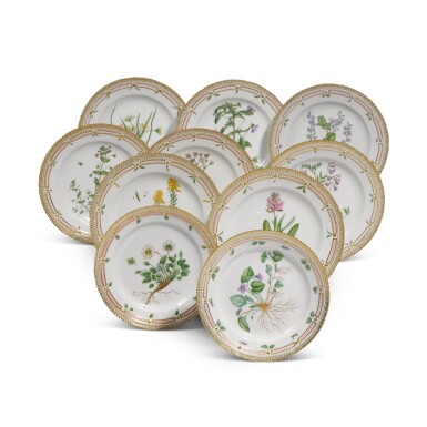 View full screen - View 1 of Lot 328. Eight Royal Copenhagen 'Flora Danica' dinner plates and two dessert plates, Modern.