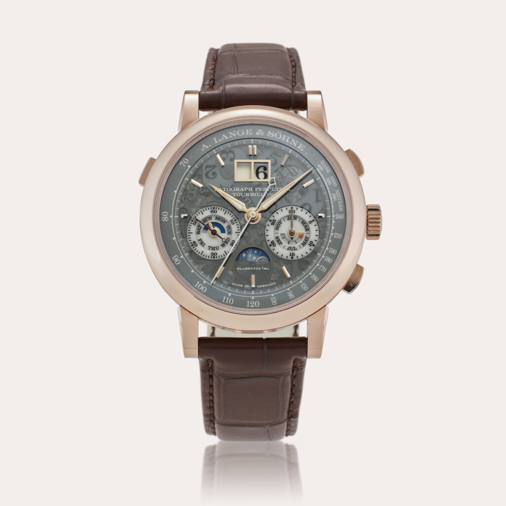View full screen - View 1 of Lot 122. Reference 740.055FE Datograph Perpetual Tourbillon 'Lumen' Honeygold | A limited edition honey gold perpetual calendar fly back chronograph wristwatch with digital date display, tourbillon, and moon phases, Circa 2024.