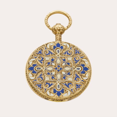 View full screen - View 1 of Lot 426. Swiss | A yellow gold and enamel cabriolet watch with chain, Circa 1845.