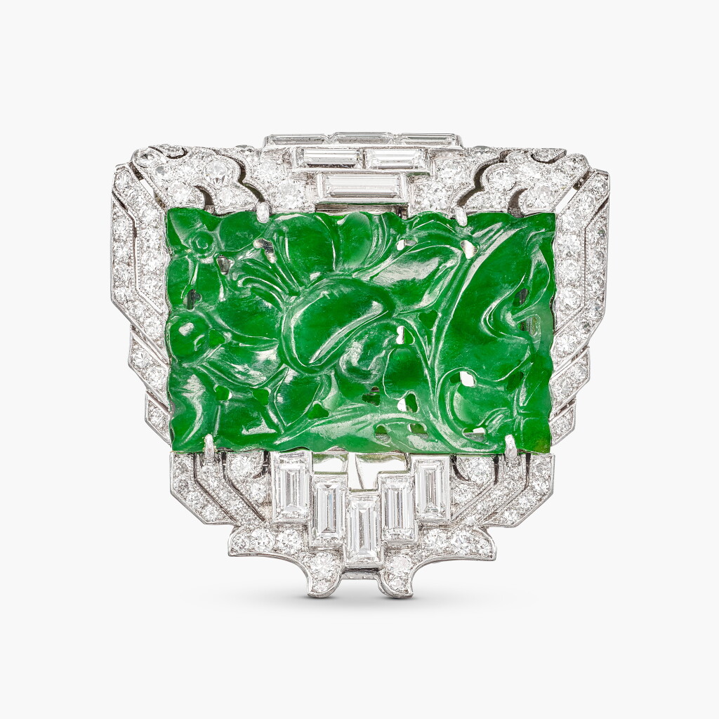 View full screen - View 1 of Lot 1723. Jadeite and Diamond Brooch | 卡地亞 | 翡翠 配 鑽石 胸針.