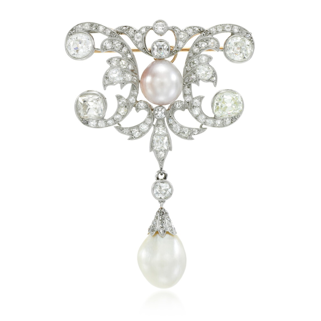 View full screen - View 1 of Lot 6. Natural pearl and diamond brooch, circa 1910.