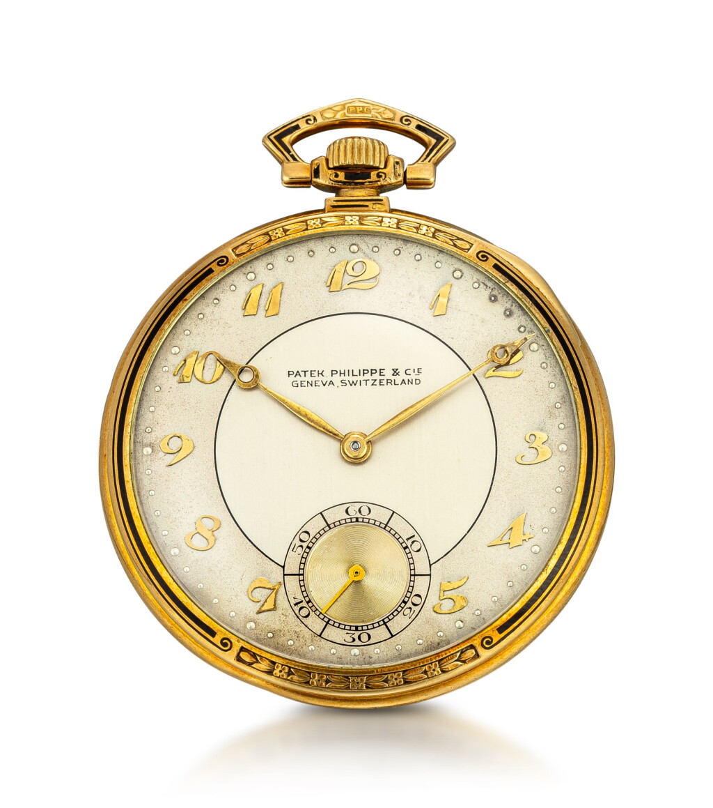 View full screen - View 1 of Lot 112. PATEK PHILIPPE | A YELLOW GOLD AND ENAMEL OPENFACE KEYLESS WATCH WITH TWO TONE DIAL, MADE IN 1928.