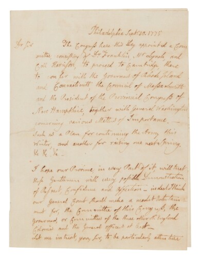 View full screen - View 1 of Lot 501. Adams, John | Establishing an American Army: John Adams introduces a congressional committee charged with meeting with General Washington “concerning various Matters of Importance”.