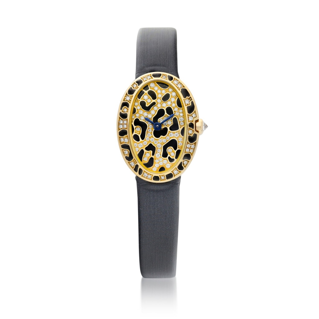 View full screen - View 1 of Lot 8197. Mini Baignoire Panther Spots | A yellow gold, black enamel and diamond-set wristwatch, Circa 2005 | 卡地亞 | Mini Baignoire Panther Spots | 黃金鑲黑色琺瑯及鑽石腕錶,約2005年製.