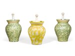 A pair of green and cream painted terracotta vases fitted as lamps, 20th century