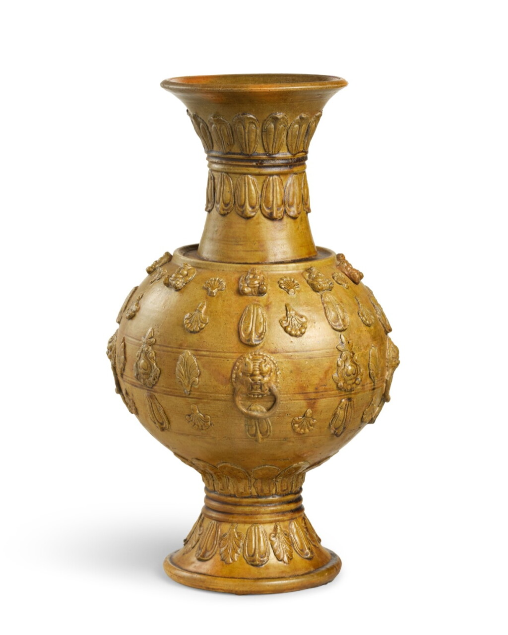 View full screen - View 1 of Lot 5114. A magnificent and exceedingly rare amber-glazed appliqué-decorated vase, Sui dynasty | 隋 青釉塑貼忍冬蓮瓣紋舖首尊.