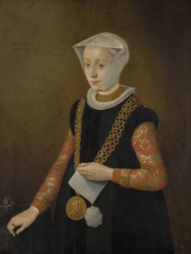 View full screen - View 1 of Lot 90. FRENCH SCHOOL, CIRCA 1600 | Portrait of a lady, sold together with a portrait medal of Henry IV and his wife Marie de Medici.