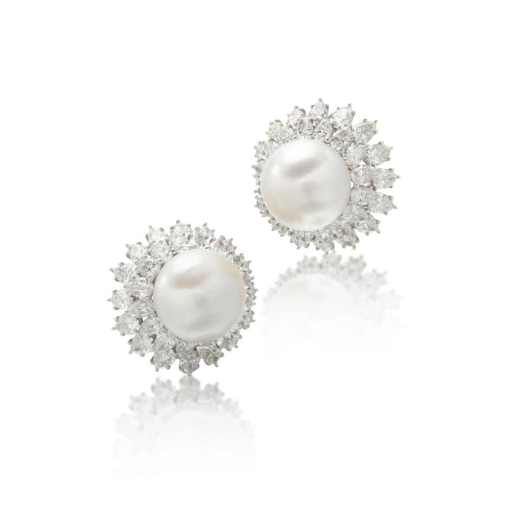 View full screen - View 1 of Lot 245. Pair of cultured South Sea pearl and diamond ear clips | Paio di orecchini in perle coltivate South Sea e diamanti.