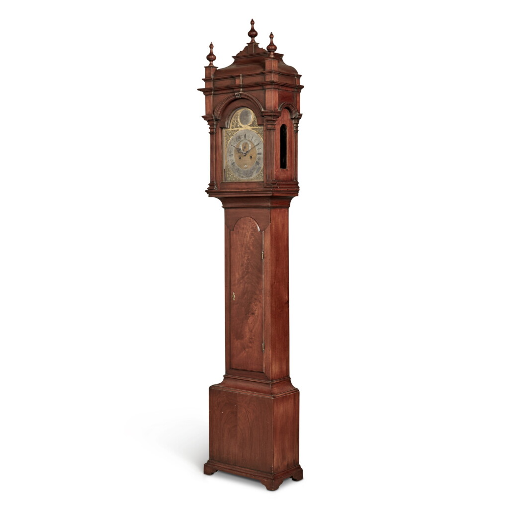 View full screen - View 1 of Lot 347. Very Fine and Rare Queen Anne Figured Walnut Tall Case Clock, Works by George Crow, Wilmington, Delaware, Circa 1765.