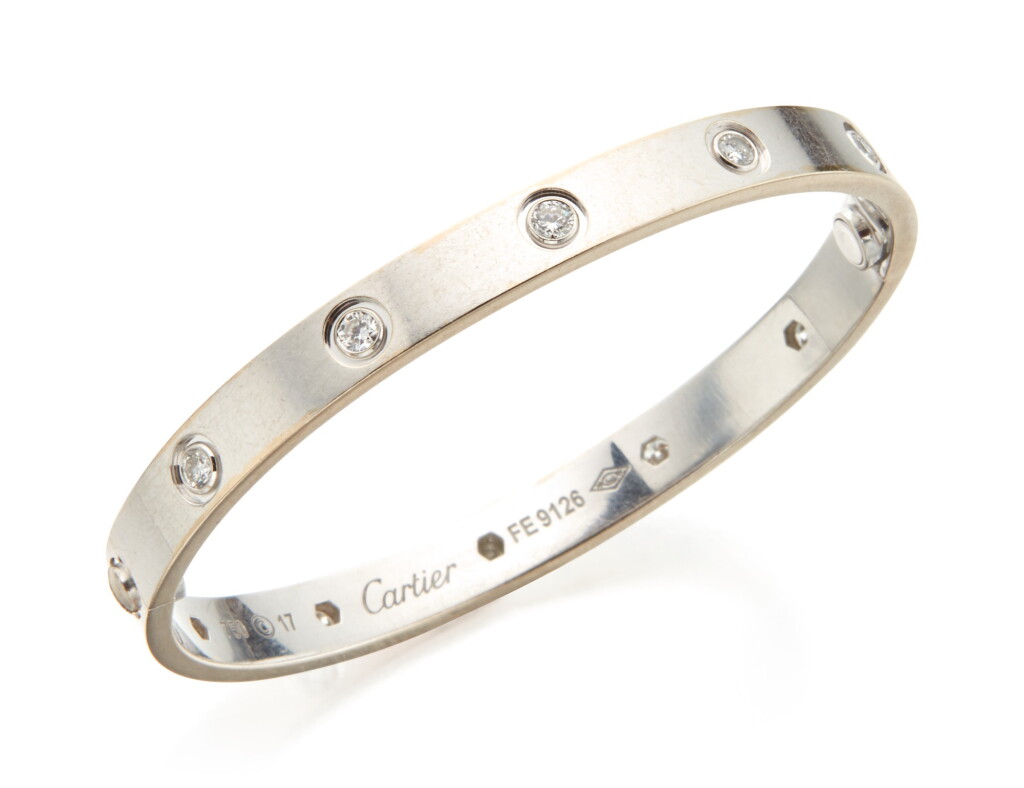 View full screen - View 1 of Lot 15. WHITE GOLD AND DIAMOND 'LOVE' BANGLE-BRACELET, CARTIER.