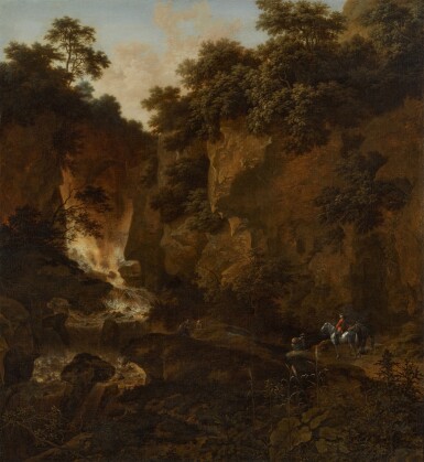 View full screen - View 1 of Lot 200. Travellers by a stream below a waterfall in a mountainous landscape.