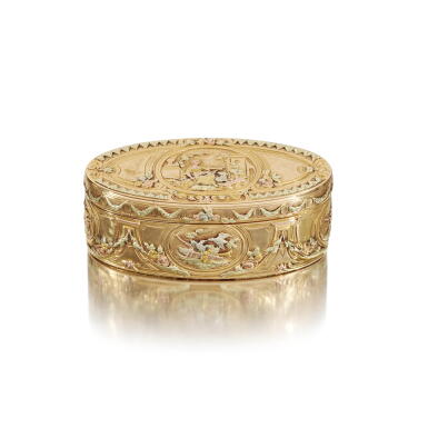 View full screen - View 1 of Lot 13. A Three-Colored Gold Snuff Box, Nicolas-Augustin Delions, Paris, 1773.