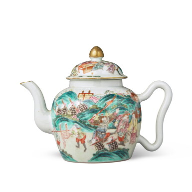 View full screen - View 1 of Lot 991. A famille-rose 'figural' teapot and cover, Seal mark and period of Daoguang | 清道光 粉彩人物故事圖茶壺 《大清道光年製》款.