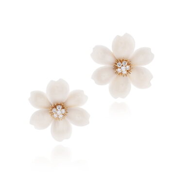 View full screen - View 1 of Lot 801. Pair of white coral and diamond ear clips, 'Rose de Noël'.
