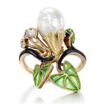 Natural pearl, diamond and enamel ring, early 20th century