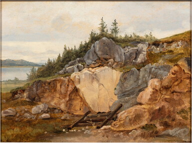 View full screen - View 1 of Lot 162. Study of Rocky Lakeside Landscape (possibly Lake Geneva) | Etude d'un paysage rocheux (peut-être autour du lac Léman).