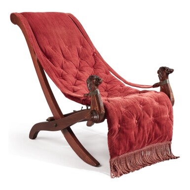 View full screen - View 1 of Lot 863. A NEO-GRECIAN STAINED OAK CURULE CAMPAIGN CHAIR WITH DOG HEADS, LATE 19TH CENTURY.
